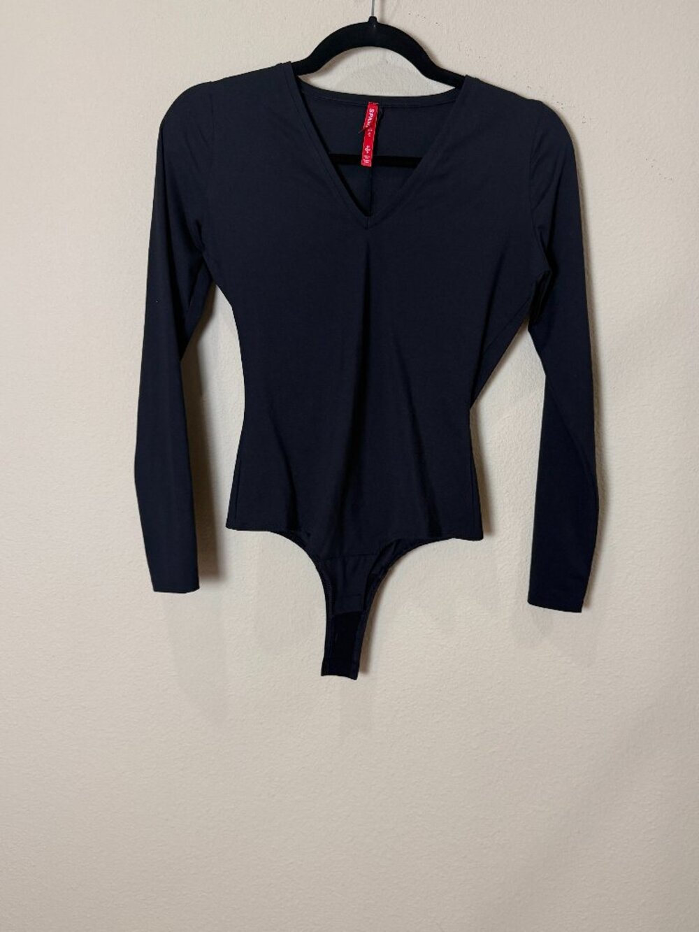 Spanx Knit Long Sleeve V Neck Black Bodysuit Size Small